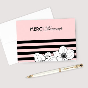 Pink Black Stripe French Anemone Merci Thank You Card