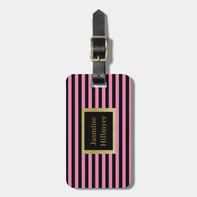 Pink Black Stripe GLITTER CUSTOM LUGGAGE TAG (Front Vertical)