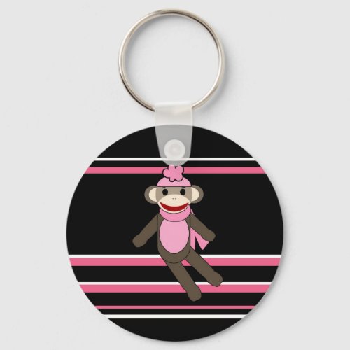 Pink Black Stripe Sock Monkey Girl Flower Hat Keychain