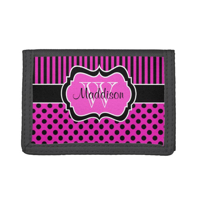 Pink Black Striped Polka Dot Tri-Fold Wallet (Front)