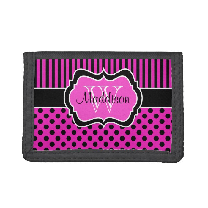 Pink Black Striped Polka Dot Tri Fold Wallet