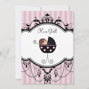 Pink Black Stripes Baby Girl Shower Invitations