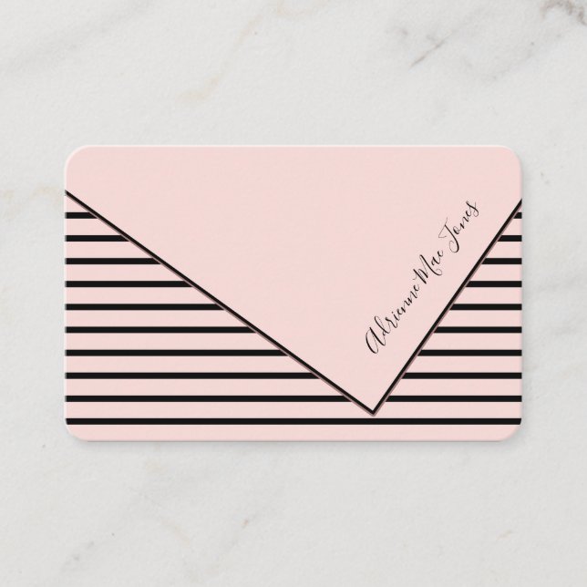 Pink & Black Stripes Faux Fold Over Business Card (Front)