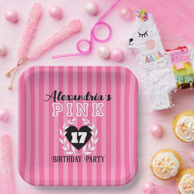  PINK Black Stripes Girly Birthday/Pajama Party  Paper Plates (Party)