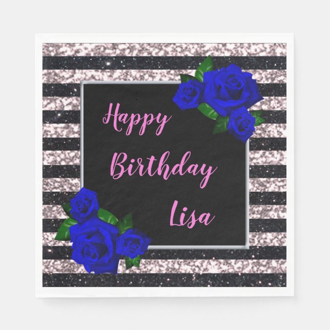 Pink Black Stripes Glitter Deep Blue Rose Birthday Napkins (Front)
