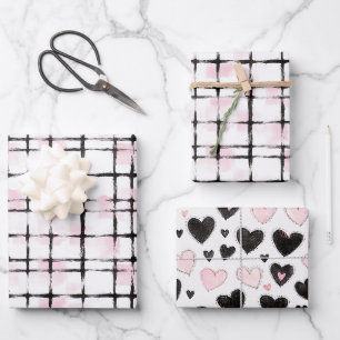 Pink Black Stripes Hearts Birthday Wrapping Paper Sheets