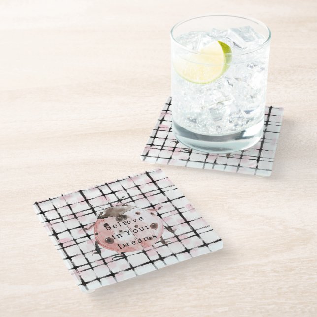 Pink Black Stripes Ladybug Glass Coaster (Angled)