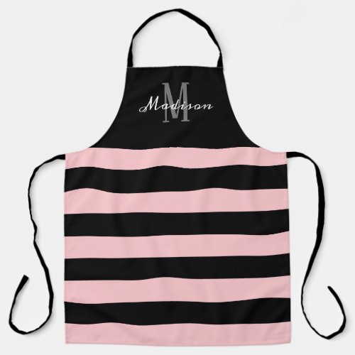 Pink Black Stripes Monogram Script Name Apron