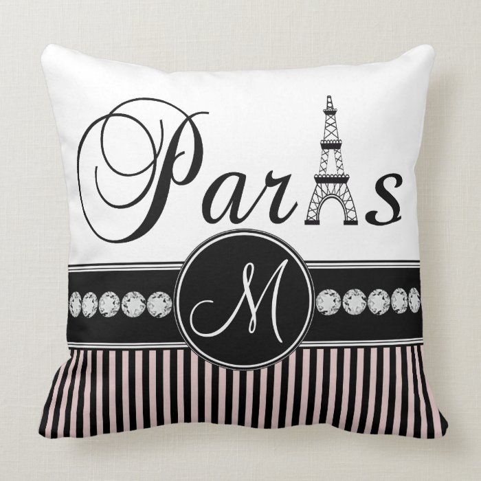 Pink Black Stripes Paris Monogram Pillow