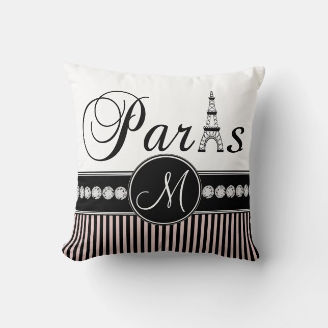 Pink Black Stripes Paris Monogram Pillow (Front)