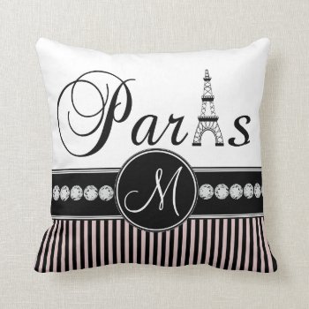 Pink Black Stripes Paris Monogram Pillow by MonogramGalleryGifts at Zazzle