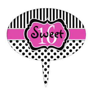 Pink, Black Stripes, Polka Dots Sweet 16 Cake Pick