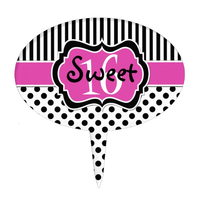 Pink, Black Stripes, Polka Dots Sweet 16 Cake Pick (Front)