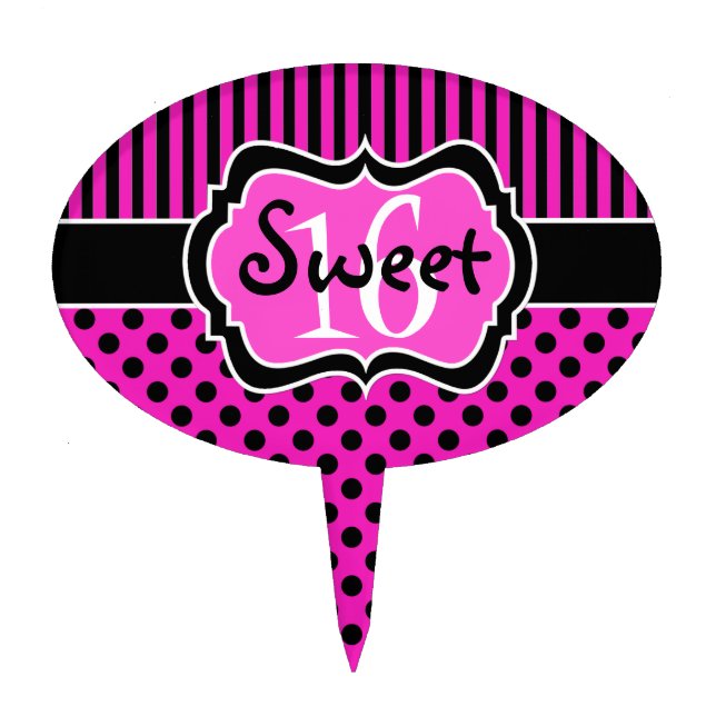 Pink, Black Stripes, Polka Dots Sweet 16 Cake Pick (Front)