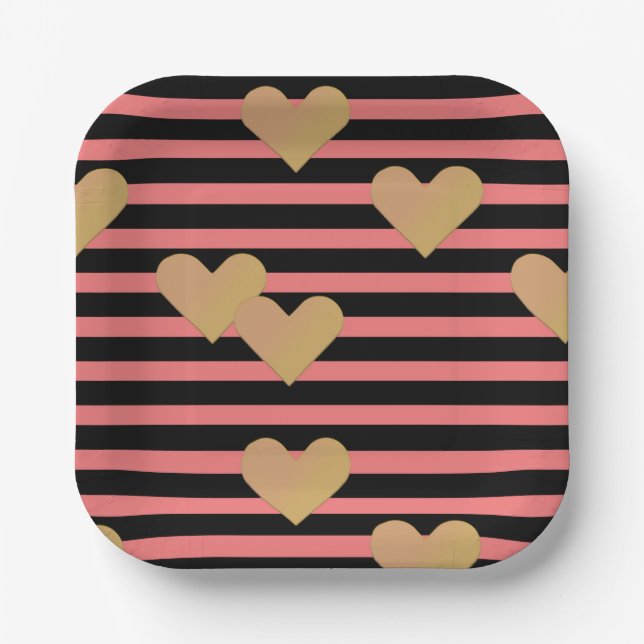 Pink & Black Stripes Valentine Paper Plates (Front)