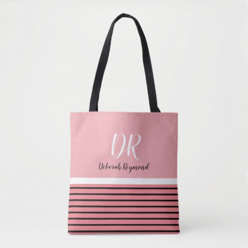 pink  black stripes with name  initials nice tote bag