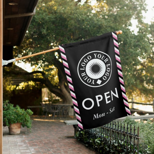 Pink Black Stripes Your Logo Open Business House Flag (In SItu)