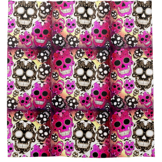 Pink black sugar skulls grunge shower curtain (Front)