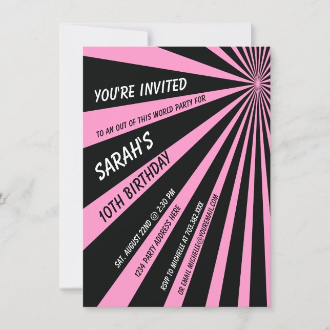 Pink Black Sun Beams Birthday Party Invitation (Front)