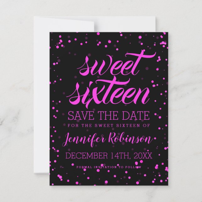 Pink Black Sweet 16 Birthday Save Date Confetti Save The Date (Front)
