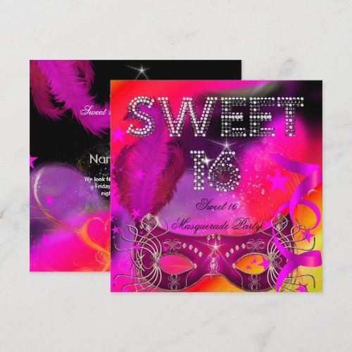 Pink Black Sweet 16 Masquerade Birthday Party Announcement