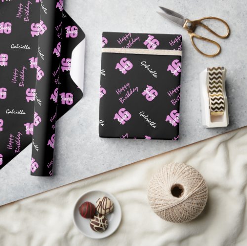 Pink Black Sweet 16 Personalized Wrapping Paper