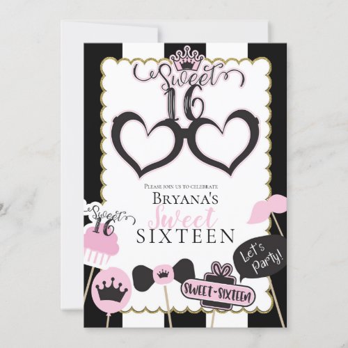 Pink Black Sweet 16 Photo Booth Birthday Party Invitation