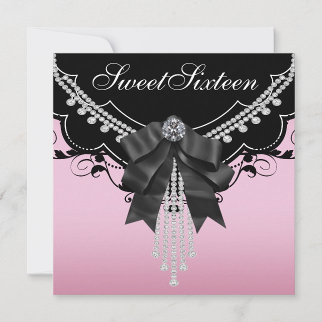 Pink Black Sweet Sixteen Party Invitations (Front)