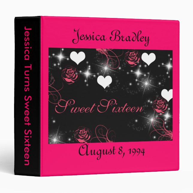 Pink & Black Sweet Sixteen Photo Album 3 Ring Binder (Front/Spine)