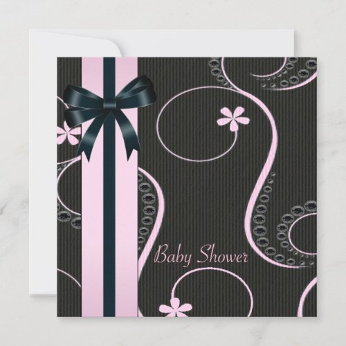 Pink Black Swirl Baby Girl Shower Personalized Invitation