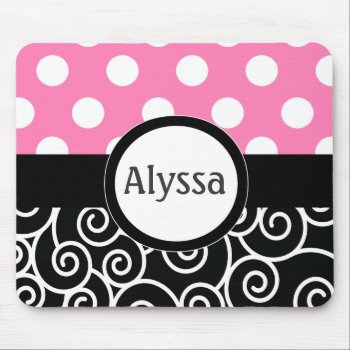 Pink Black Swirl Dots Personalized Mousepad by mybabytee at Zazzle