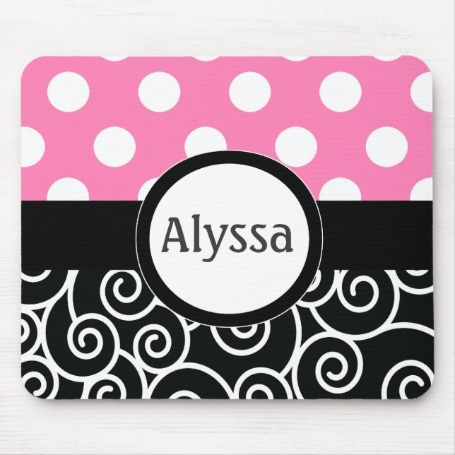 Pink Black Swirl Dots Personalized Mousepad (Front)