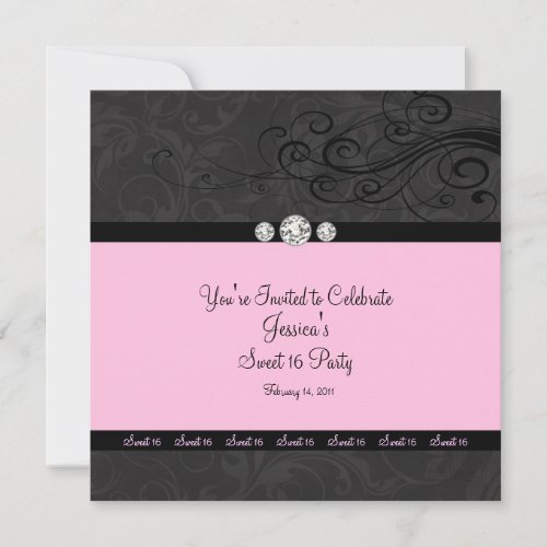 Pink Black Swirl Sweet Sixteen Party Invitations
