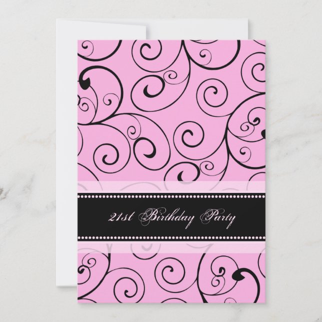 Pink Black Swirls 21st Birthday Party Invitations (Front)