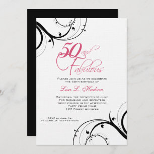 Pink Black Swirls 50th and Fabulous! Birthday Invitation