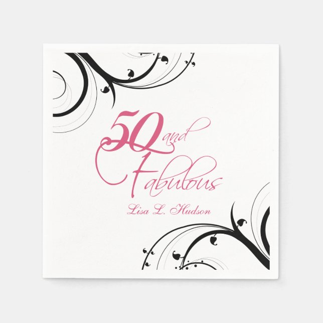 Pink Black Swirls 50th and Fabulous! Birthday Napkins (Front)