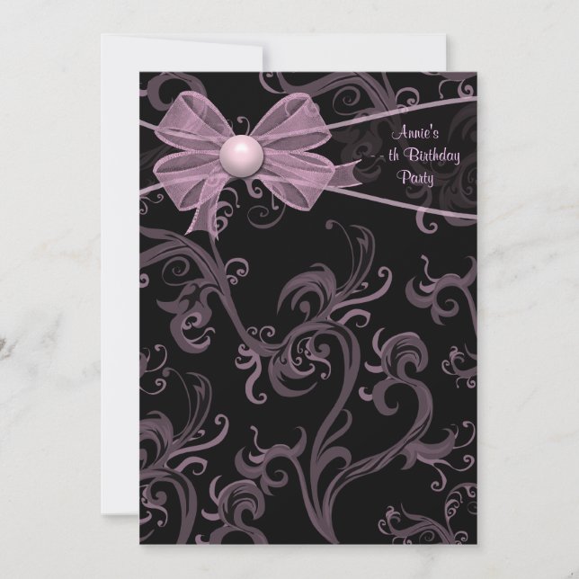 Pink Black Swirls Birthday Party Invitation (Front)