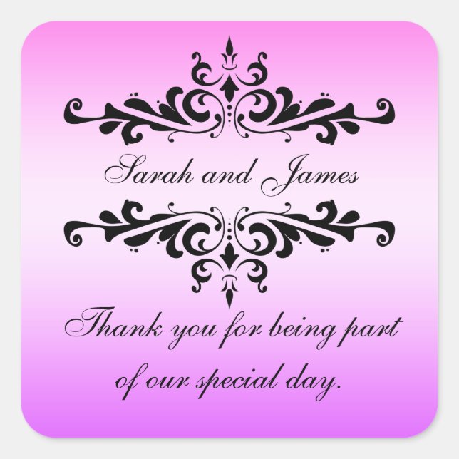 Pink Black Swirls Thank You Wedding Favor Square Sticker (Front)