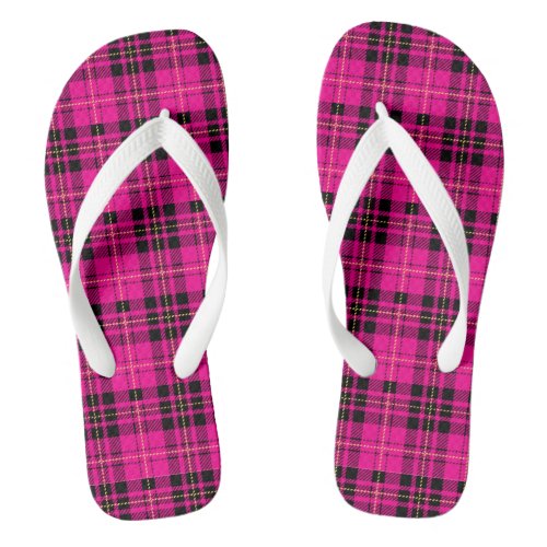 Pink black tartan plaid lumberjack pattern flip flops