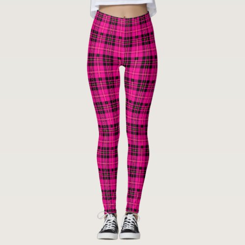 Pink black tartan plaid lumberjack pattern leggings