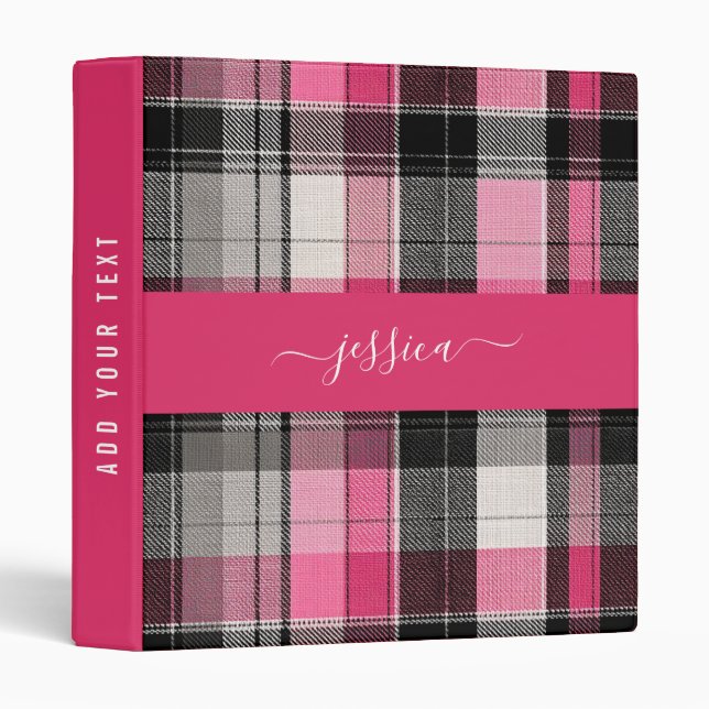 Pink black tartan plaid script name binder (Front/Spine)