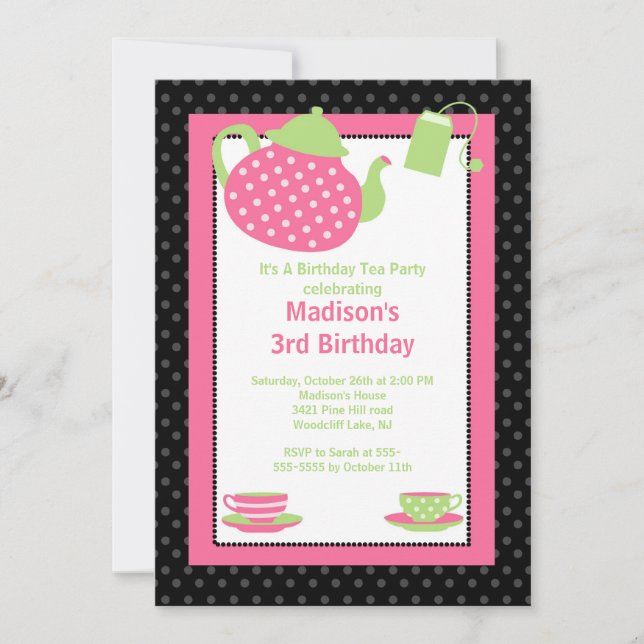 Pink & Black Tea Party Birthday Party Invitation (Front)