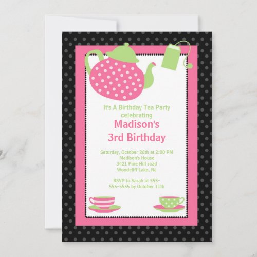 Pink &amp; Black Tea Party Birthday Party Invitation