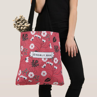 Pink Black Teal White Floral Pattern Tote Bag
