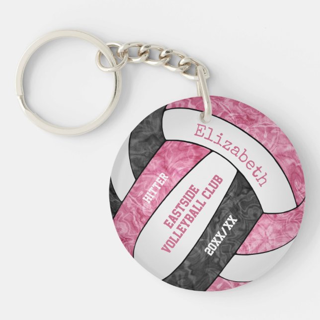 Pink black team colors girls sports volleyball keychain (Front)