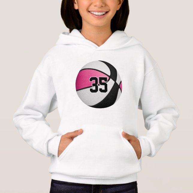 pink black team colors jersey number basketball hoodie (Front)