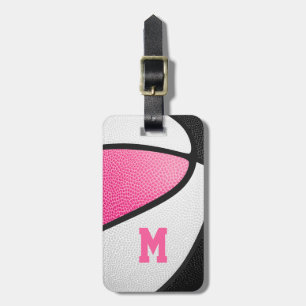 pink black team colors monogrammed basketball luggage tag