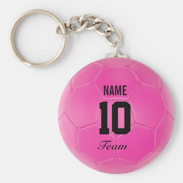 Pink Black Team Soccer Ball Personalized Name Keychain (Front)