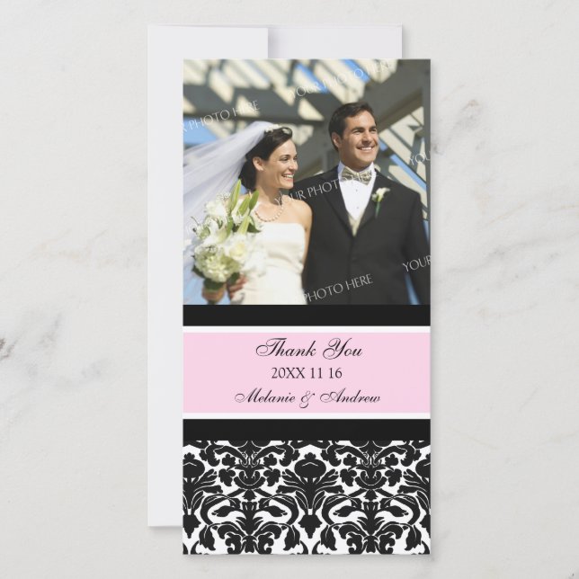 Pink Black Thank You Wedding Photo Cards (Front)