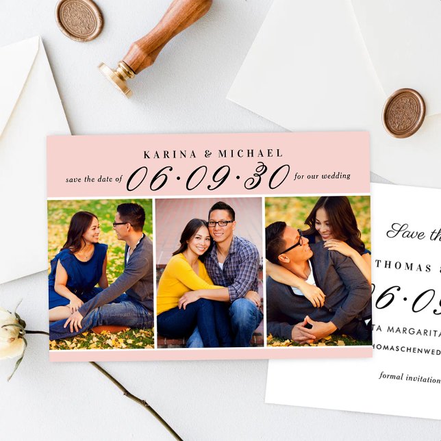 Pink Black Three Photo Collage Wedding Save The Date (Creator Uploaded)